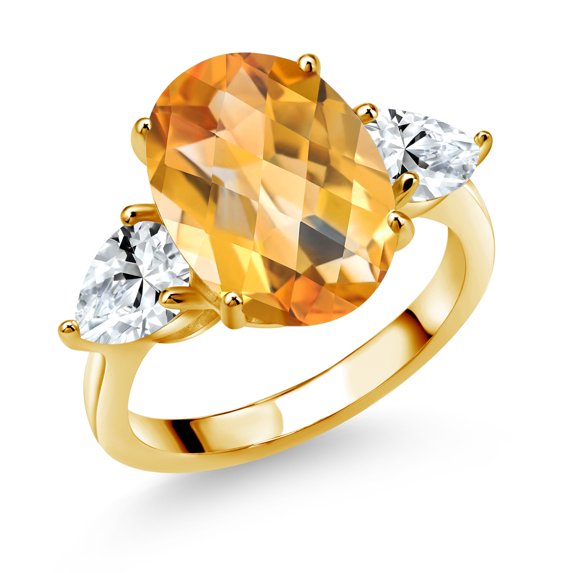 18K Yellow Gold Plated Silver Yellow Citrine and White Created Sapphire Ring for Women (7.73 Cttw, 14X10MM Oval Checkerboard and 7X5MM Pear Shape, Gemstone November Birthstone, in Size 5, 6, 7, 8, 9)
