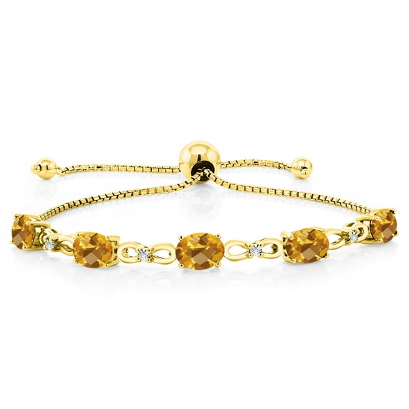 18K Yellow Gold Plated Silver Yellow Citrine and White Lab Grown Diamond Tennis Bracelet for Women (3.65 Cttw, Gemstone November Birthstone, Oval Checkerboard 7x5MM, Fully Adjustable up to 9 inch)