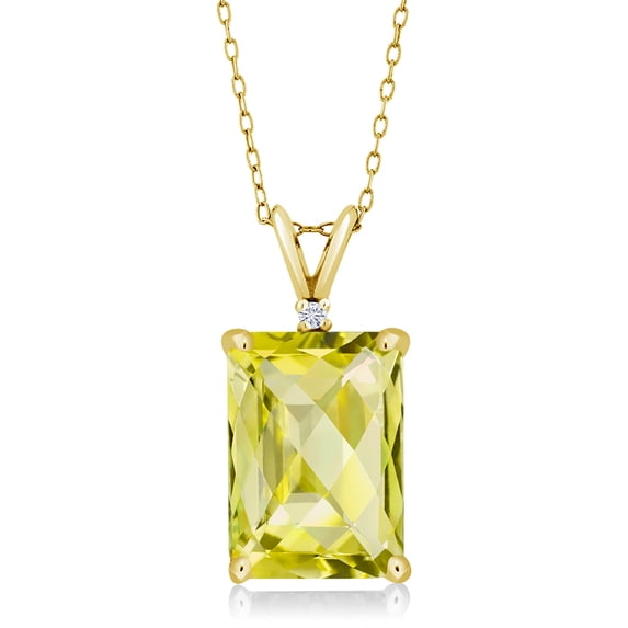 18K Yellow Gold Plated Silver Yellow Lemon Quartz and White Moissanite Pendant Necklace for Women (6.87 Cttw, Gemstone Birthstone, Emerald Cut Checkerboard 14X10MM, with 18 inch Silver Chain)