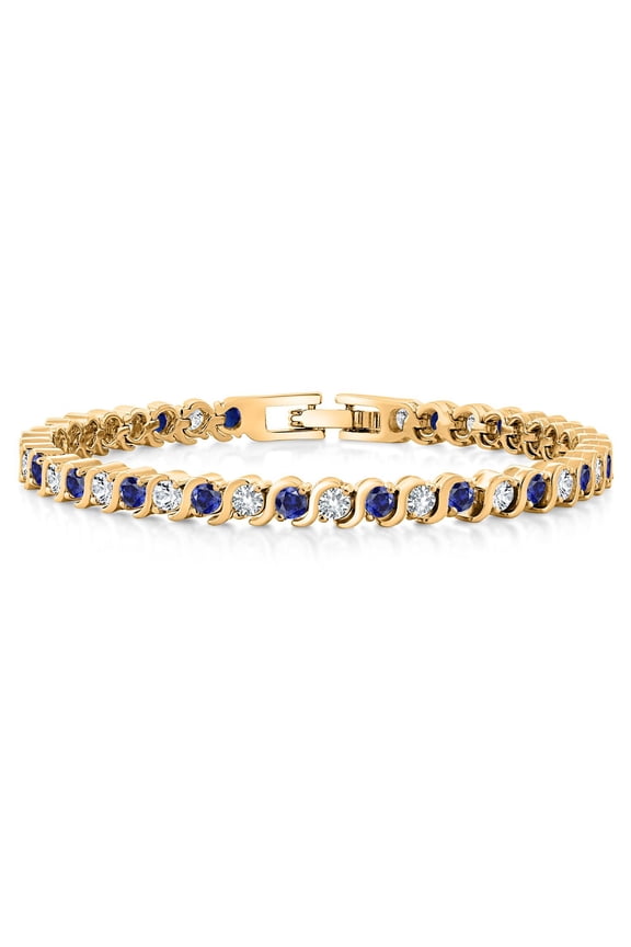 18K Yellow Gold Plated Simulated Blue Sapphire and Sparkling White Cubic Zirconia Tennis Bracelet for Women - The Perfect Gift for Her on Weddings and Special Occasions - 4.50 Cttw, 7 inch Length