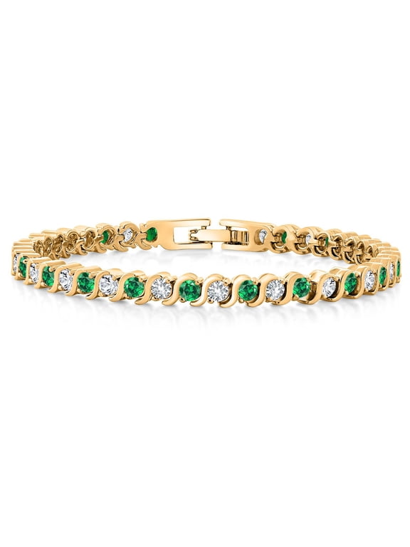 18K Yellow Gold Plated Simulated Green Emerald and Sparkling White Cubic Zirconia Tennis Bracelet for Women - The Perfect Gift for Her on Weddings and Special Occasions - 4.50 Cttw, 7 inch Length