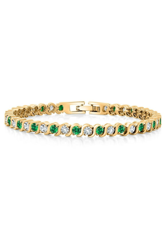 18K Yellow Gold Plated Simulated Green Emerald and Sparkling White Cubic Zirconia Tennis Bracelet for Women - The Perfect Gift for Her on Weddings and Special Occasions - 4.50 Cttw, 7 inch Length