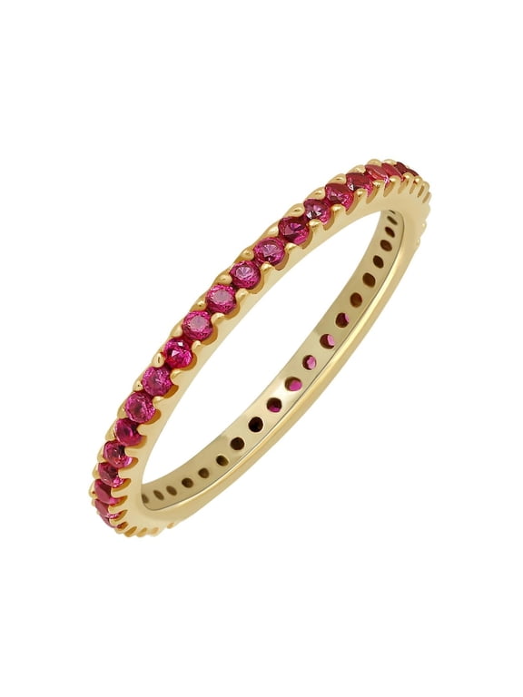 18K Yellow Gold Plated Stackable Lab Created Ruby Ring For Women - Thin Band For Stacking - Lab Grown Ruby Light Weight Wedding Eternity Band Size 8
