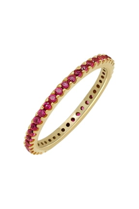 18K Yellow Gold Plated Stackable Lab Created Ruby Ring For Women - Thin Band For Stacking - Lab Grown Ruby Light Weight Wedding Eternity Band Size 9