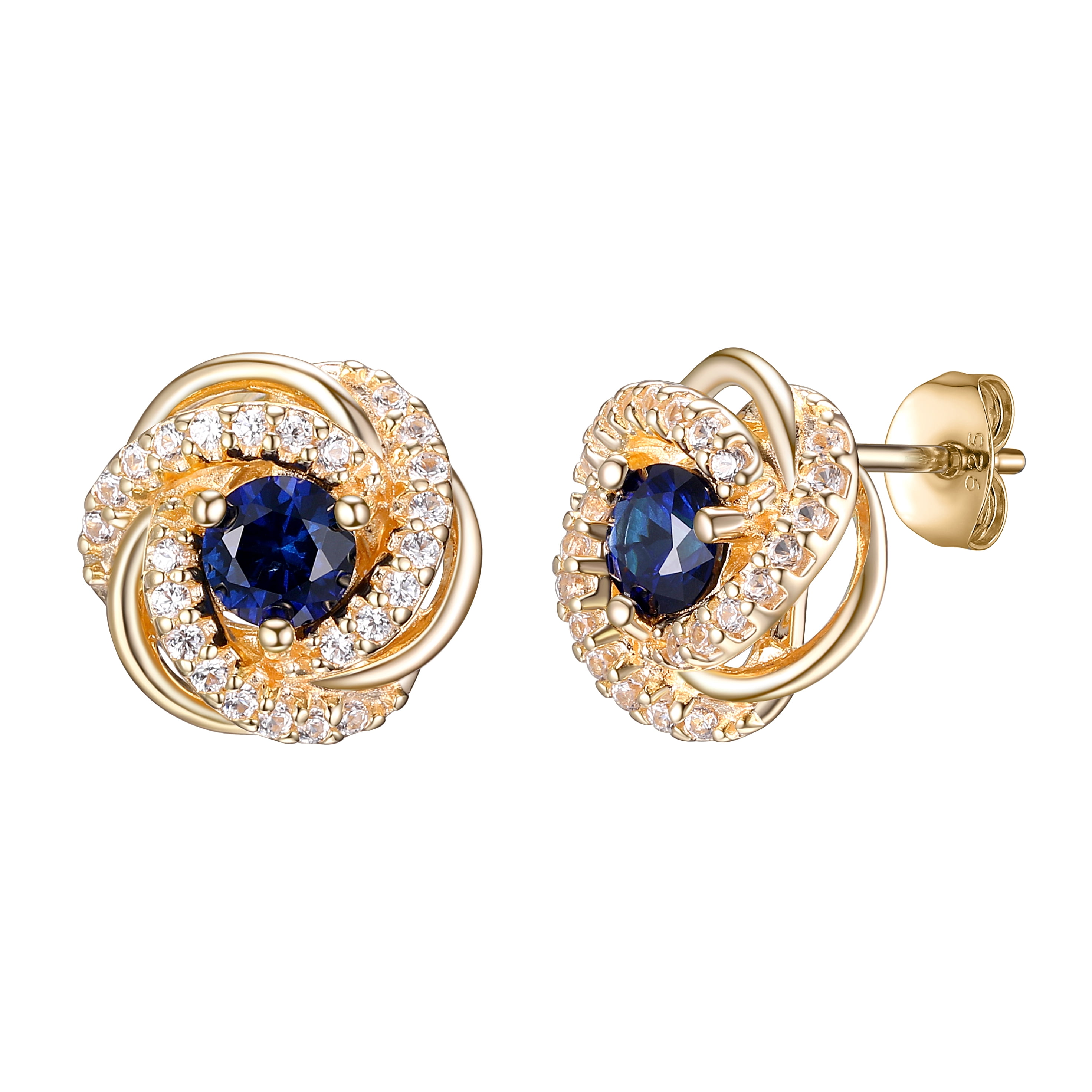 18K Yellow Gold Plated Sterling Silver Created Blue Sapphire September Birthstone Love Knot Stud Earrings for Women Gift for Her