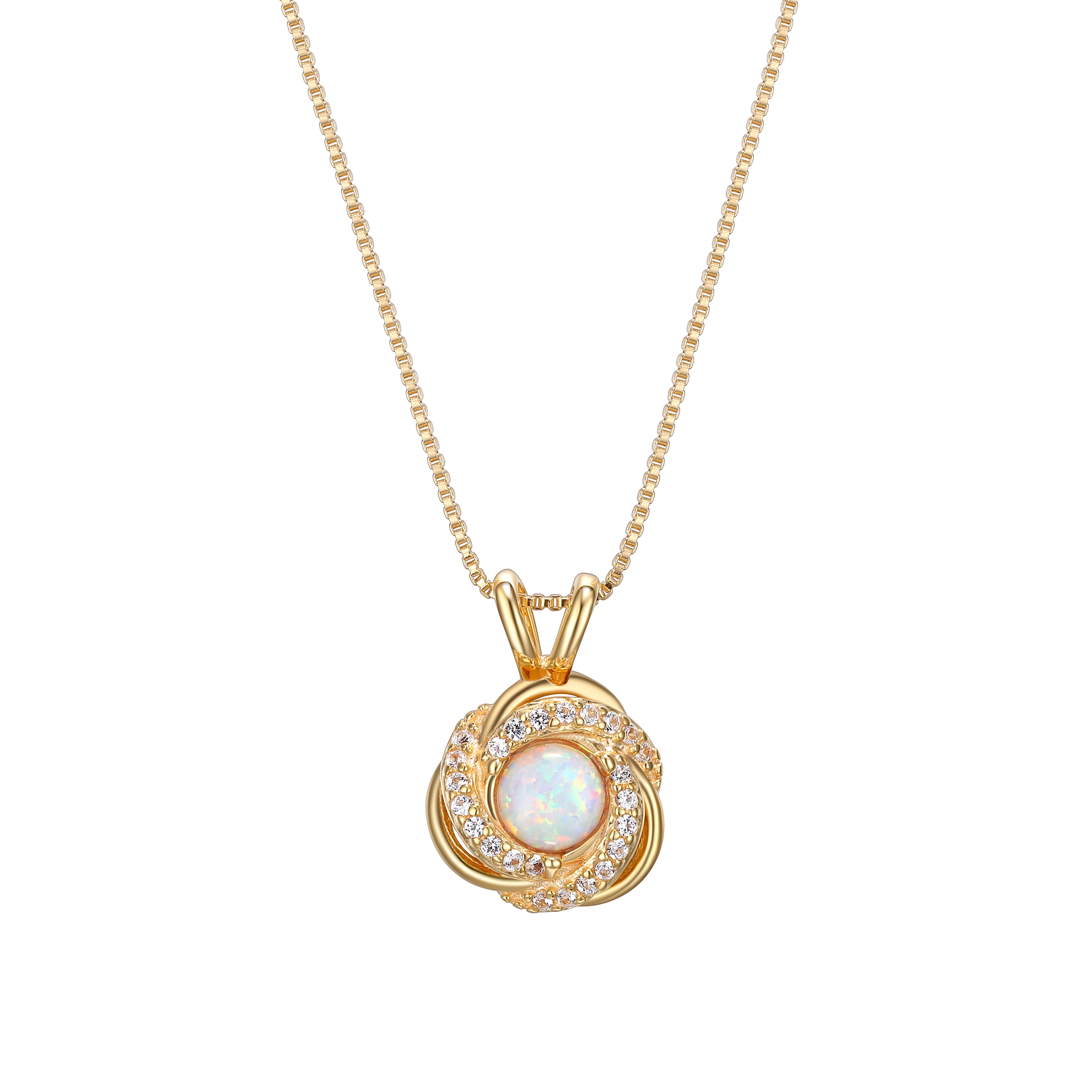 18K Yellow Gold Plated Sterling Silver Created Opal October Birthstone Love Knot Pendant Necklace for Women Gift for Her