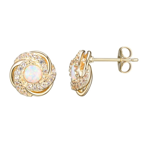18K Yellow Gold Plated Sterling Silver Created Opal October Birthstone Love Knot Stud Earrings for Women Gift for Her
