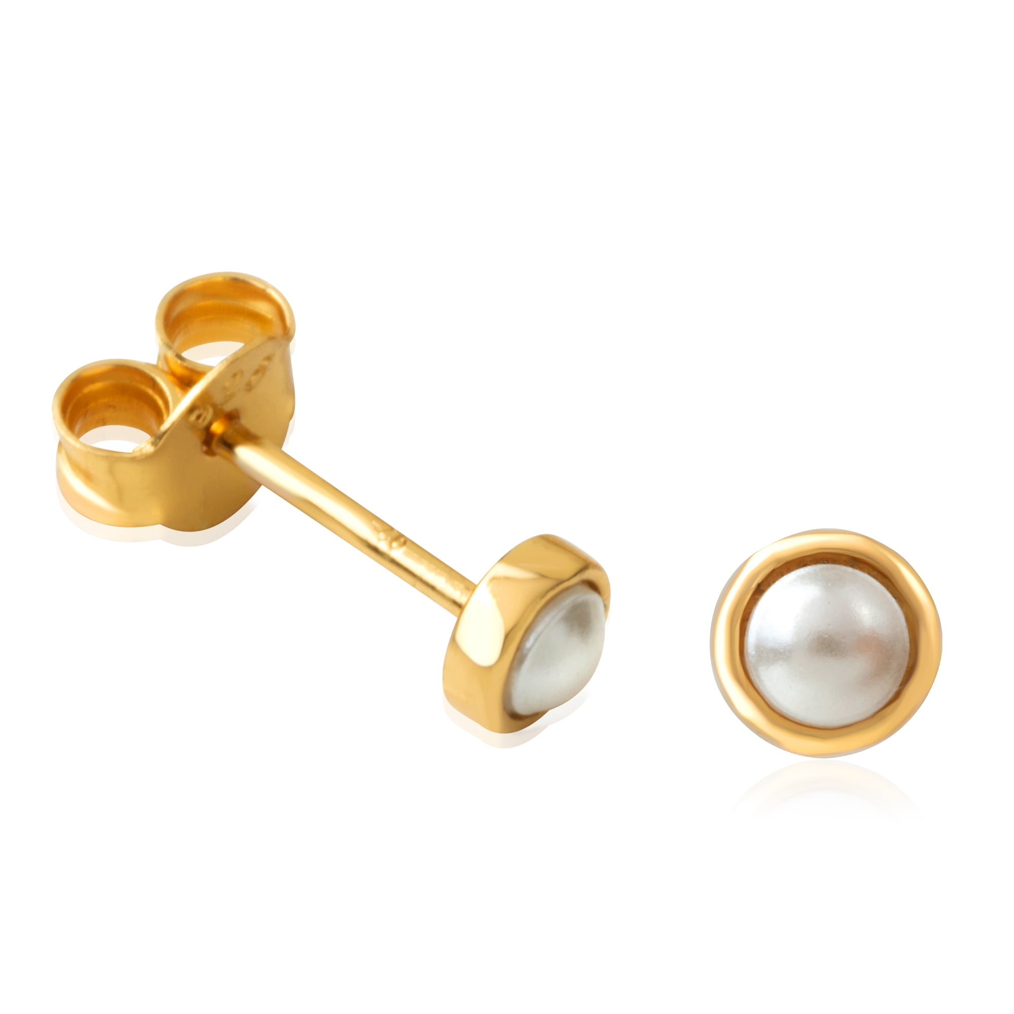 JULIETTE COLLECTION 18K Yellow Gold Plated Sterling Silver Crystal Pearl Stud Earrings, Round Bezel