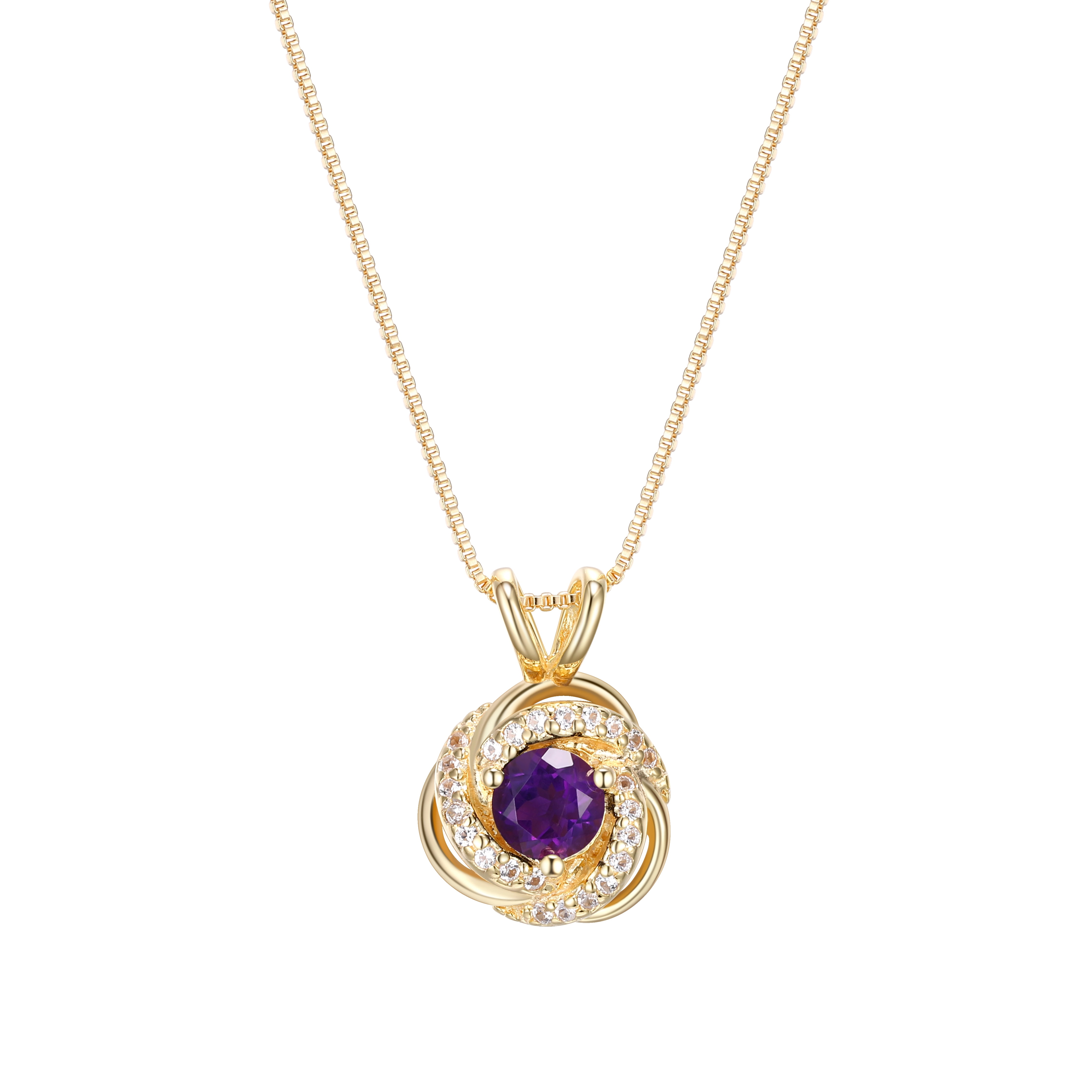 18K Yellow Gold Plated Sterling Silver Genuine Amethyst February Birthstone Love Knot Pendant Necklace for Women Gift for Her