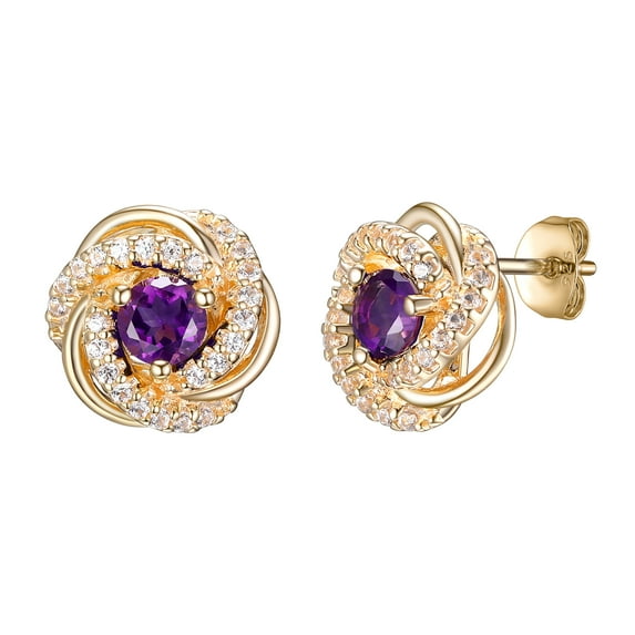 18K Yellow Gold Plated Sterling Silver Genuine Amethyst February Birthstone Love Knot Stud Earrings for Women Gift for Her