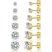 18K Yellow Gold Plated Stud Earrings 4 Prong Brilliant Round Cut 3-8MM Cubic Zirconia Earring Studs Set