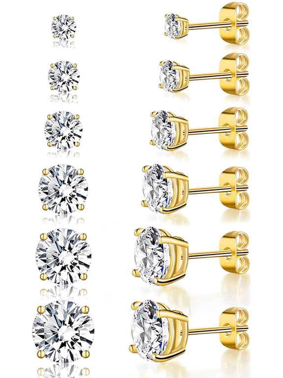 18K Yellow Gold Plated Stud Earrings 4 Prong Brilliant Round Cut 3-8MM Cubic Zirconia Earring Studs Set