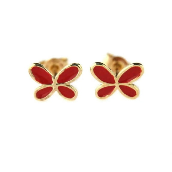 18K Yellow Gold Red Butterfly Earring