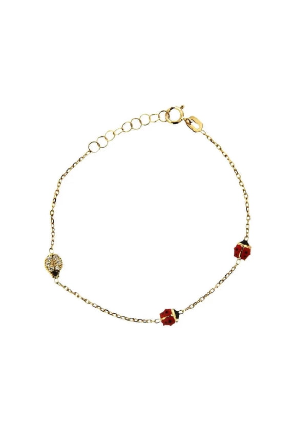 18K Yellow Gold Red Enamel and Zirconia Lady Bug Bracelet