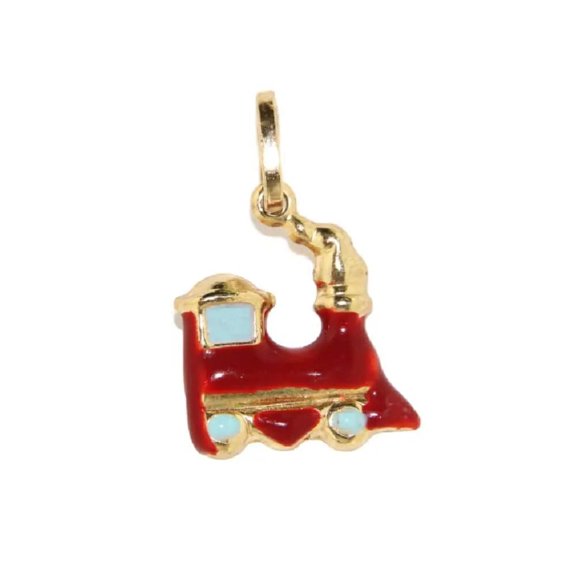 18K Yellow Gold Red Train Charm (11mm X 13mm/20mm with Bail)