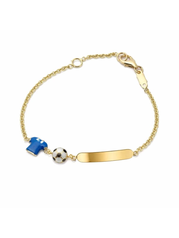 18K Yellow Gold Soccer ID Bracelet with Enamel Soccer ball and Blue shirt 5.6 inch with extra ring at 4.8 inch