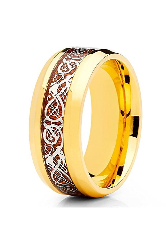 Yellow Gold Titanium Wedding Band 8mm Titanium Wedding Ring Red Dragon Titanium Men Women Comfort Fit