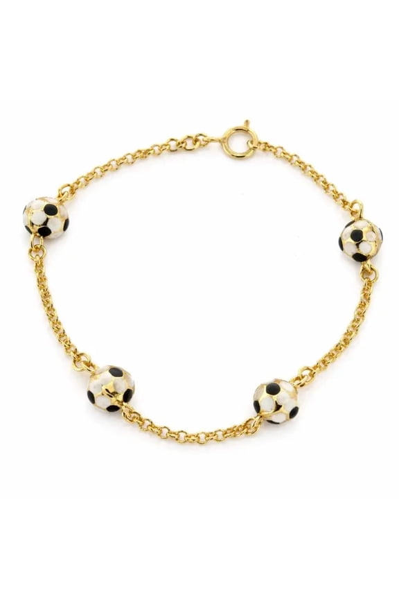 18K Yellow Gold White Soccer Ball Bracelet 6 inch