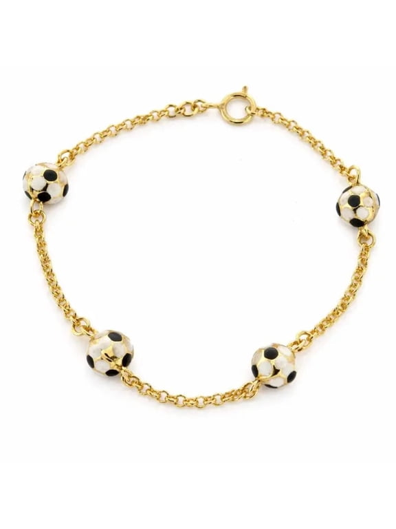 18K Yellow Gold White Soccer Ball Bracelet 6 inch