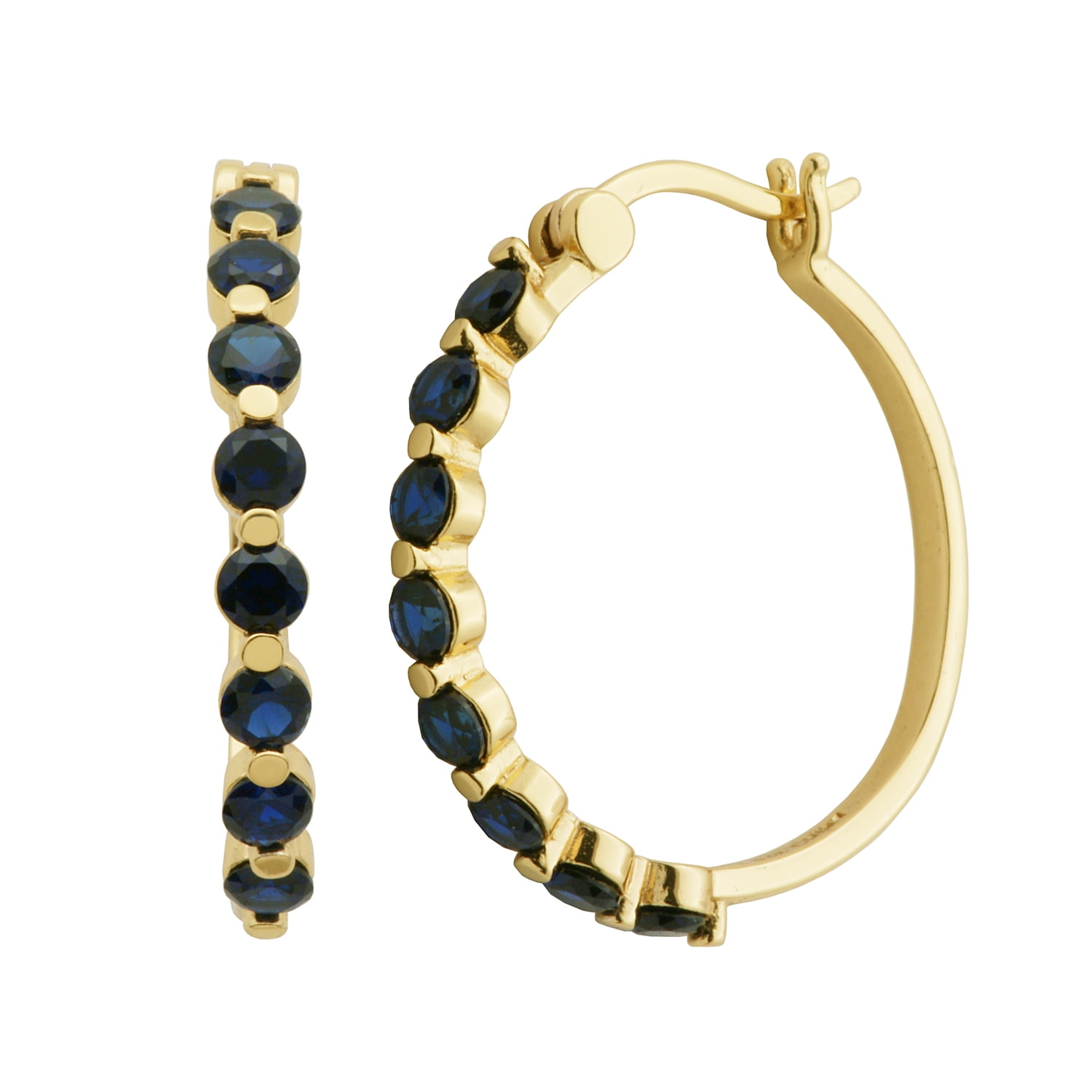 18K Yellow Gold over 925 Sterling Silver Synthetic Blue Sapphire Hoop Earrings
