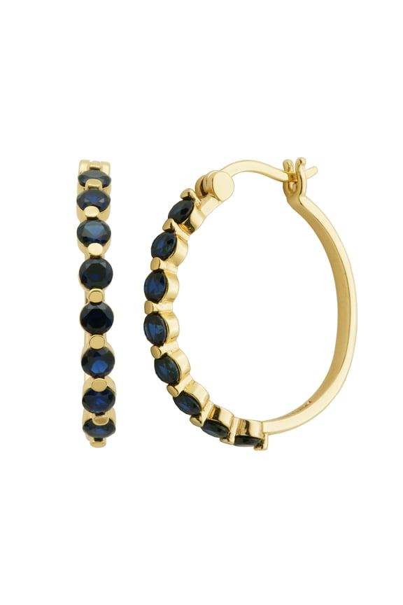 18K Yellow Gold over 925 Sterling Silver Synthetic Blue Sapphire Hoop Earrings