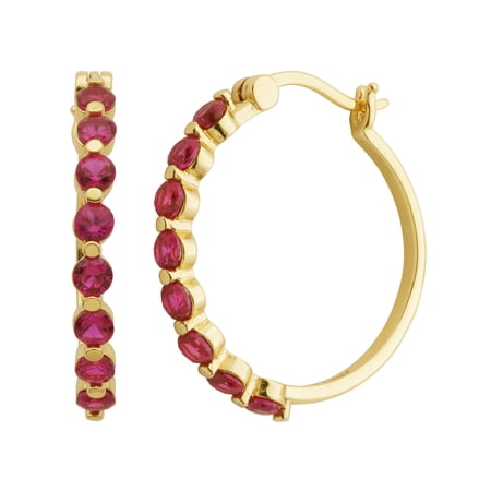 18K Yellow Gold over Sterling Silver Synthetic Red Ruby Hoop Earrings
