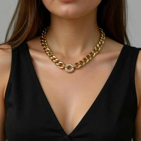 LAPRECIEUZ DE ARTHES JEWELRY 18K Yellow Gold-Plated Choker Cuban Chain Zircon Pendant Necklace Women 16"