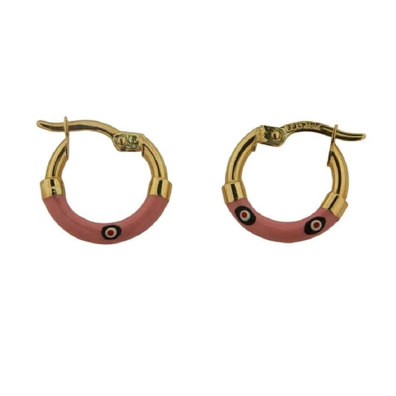 18K solid yellow gold enamel evil eye hoop earrings.