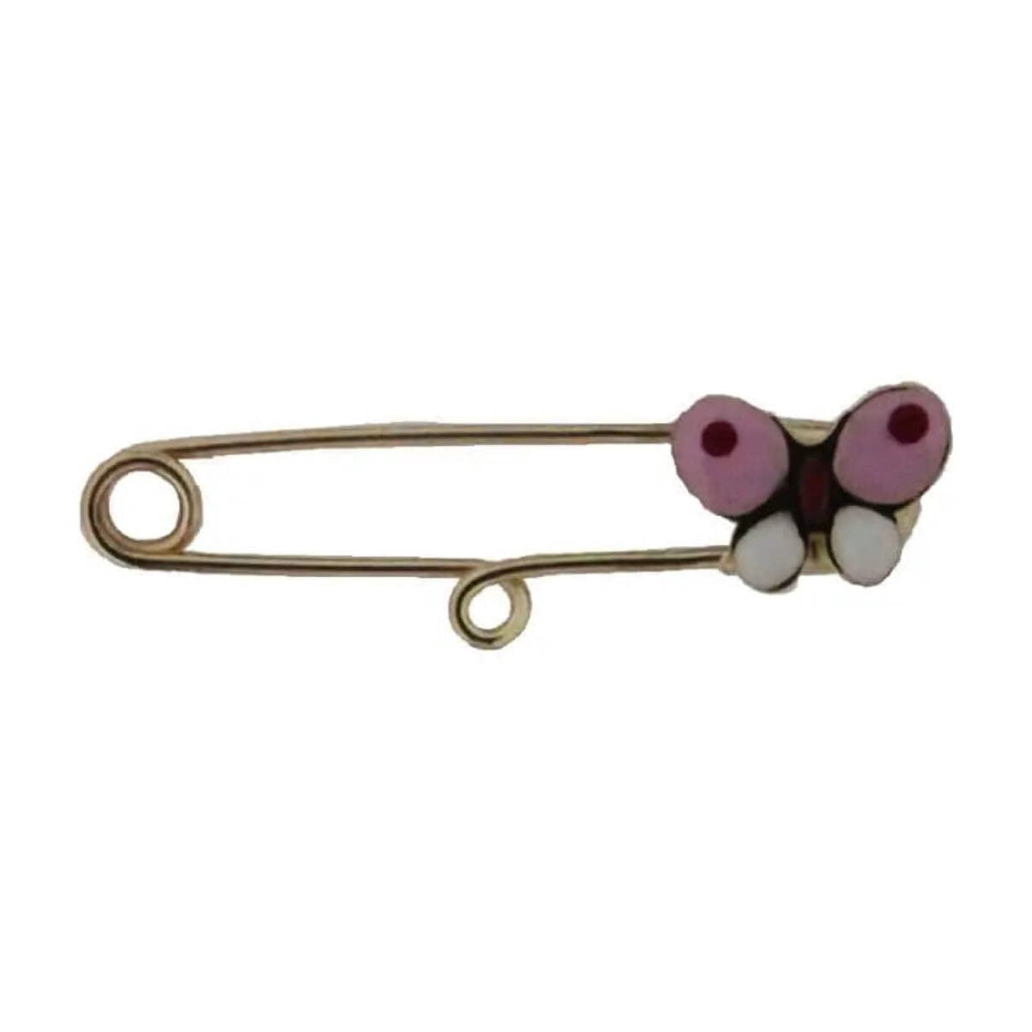 18K yellow gold pink and white enamel butterfly safety pin with center ring 1.20 inch long
