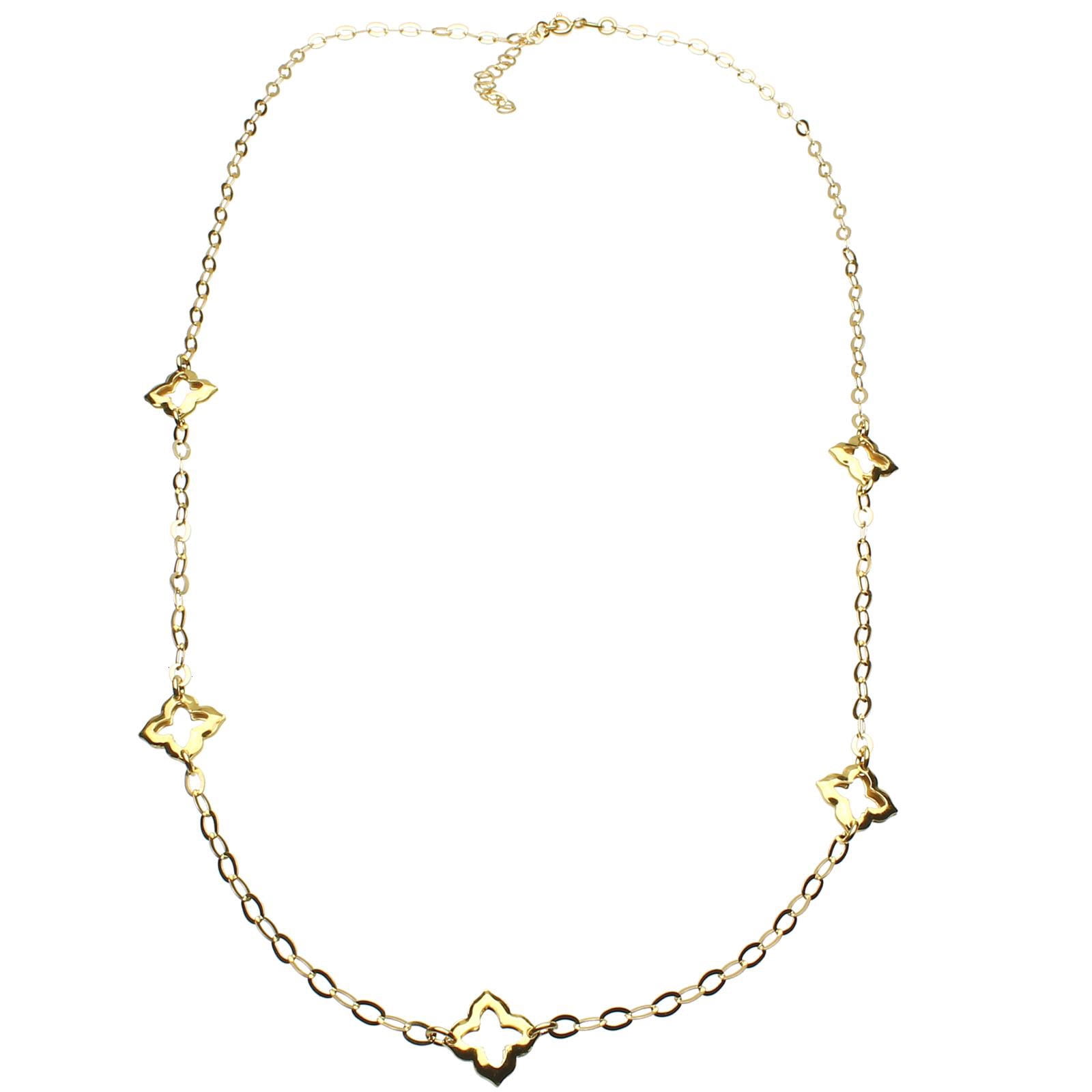 18KT Gold-Flashed Sterling Silver Station Clover Open Quatrefoil Flat Oval Chain Necklace Italy 23"