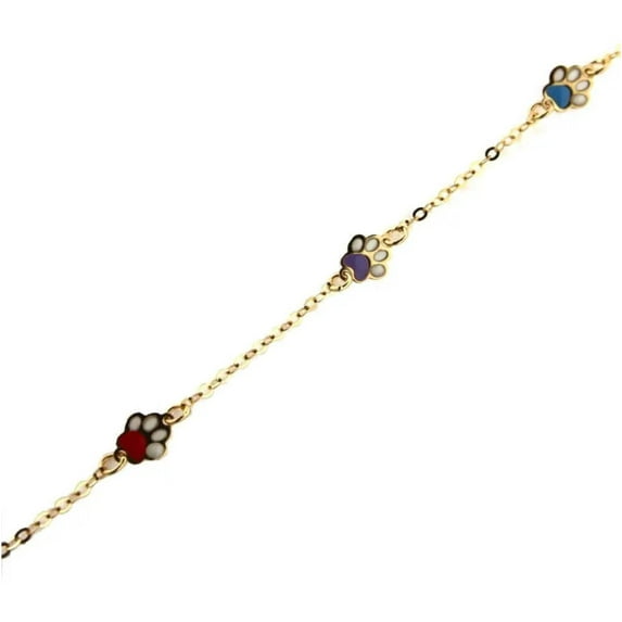 18KT Yellow Gold Pink Blue and Lilac Enamel Paw Bracelet 5 3/4 inches