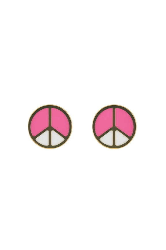 18KT Yellow Gold Pink Enamel Peace Sign Post Earring 6.5mm