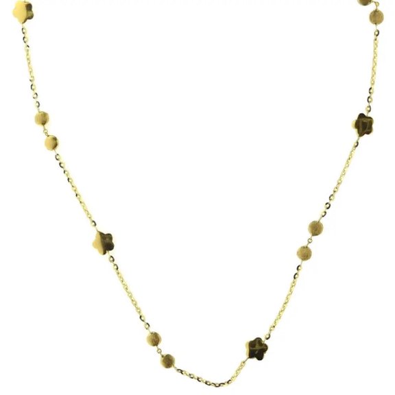 18KT Yellow Gold Polished Flowers with Satin Circles Necklace 15 inches