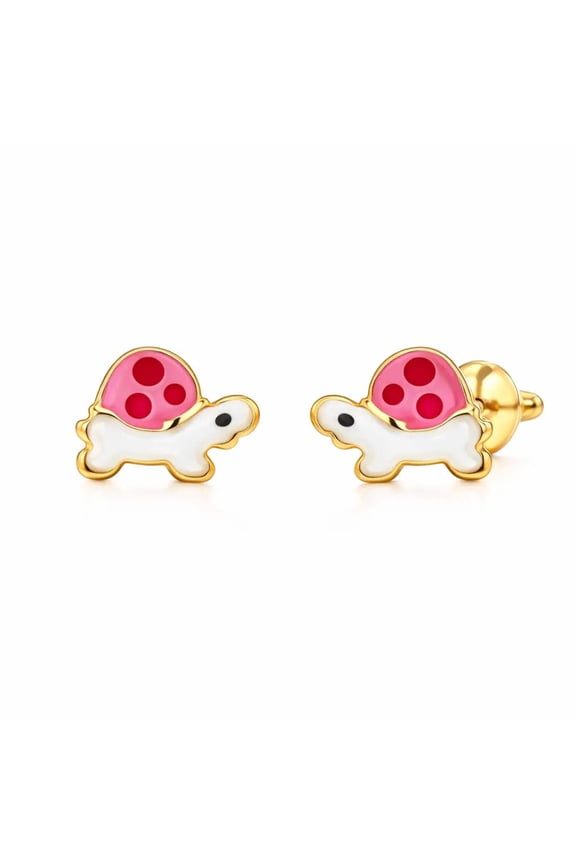 18KT Yellow Gold White Turtle Post Earrings.