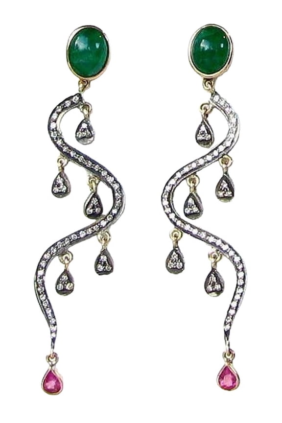 18Kt Gold Earrings Dripping W/ 108 Diamonds Pink Sapphire Emerald | 2.75 inches|