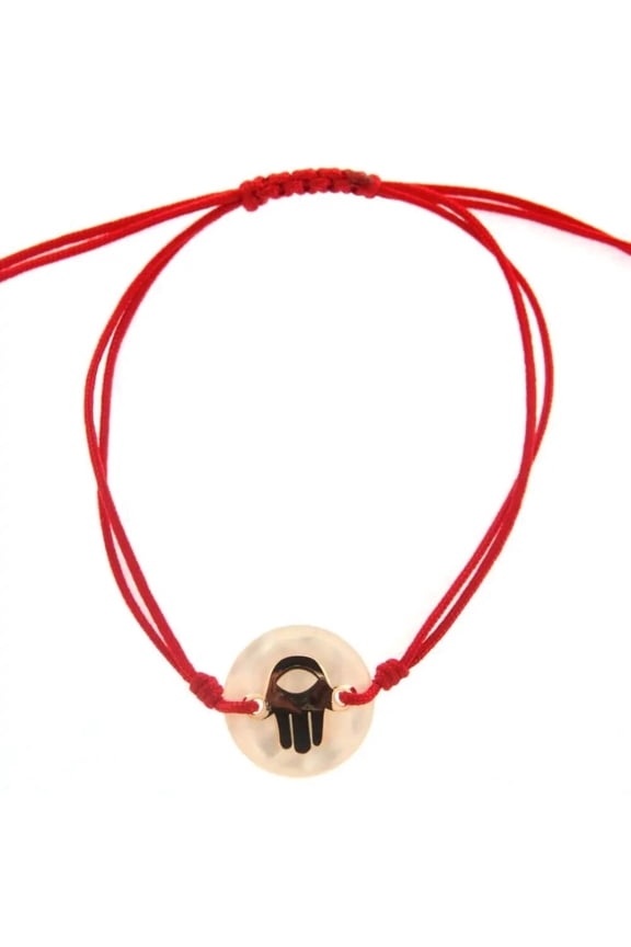 18Kt Pink Gold Hamsa Hand over mother of pearl Red cord Bracelet up to 7 inches