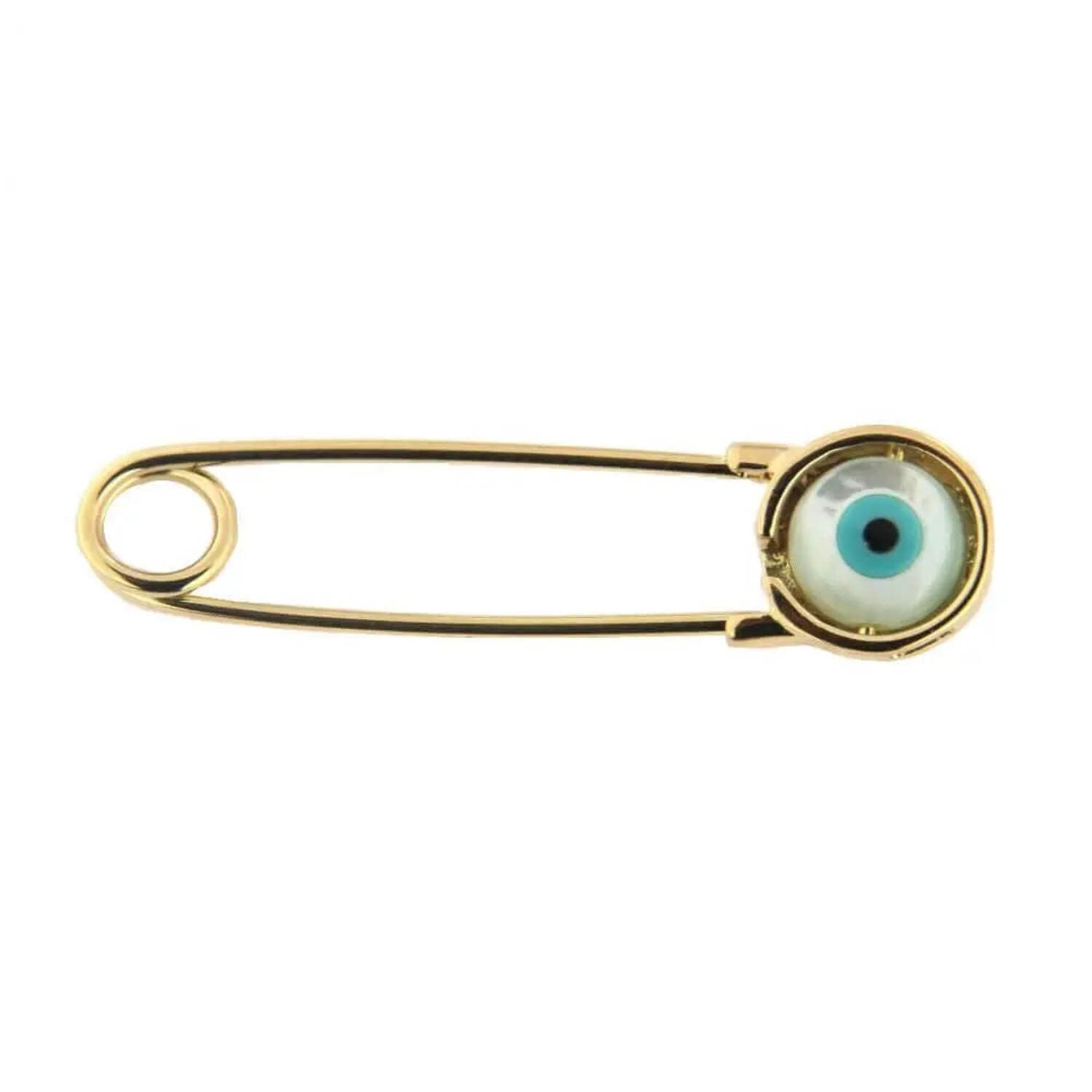 18Kt Solid Yellow Gold Mother of Pearl and Ceramic Evil Eye Safety Pin