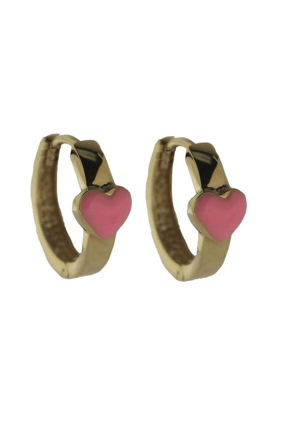 18Kt Solid  Yellow Gold  Pink Enamel  Heart Hinged Hoop Huggie  Earrings 0.53 inch Diameter x 0.20 inch