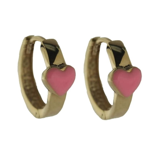 18Kt Solid Yellow Gold Pink Enamel Heart Hinged Hoop Huggie Earrings 0.53 inch Diameter x 0.20 inch