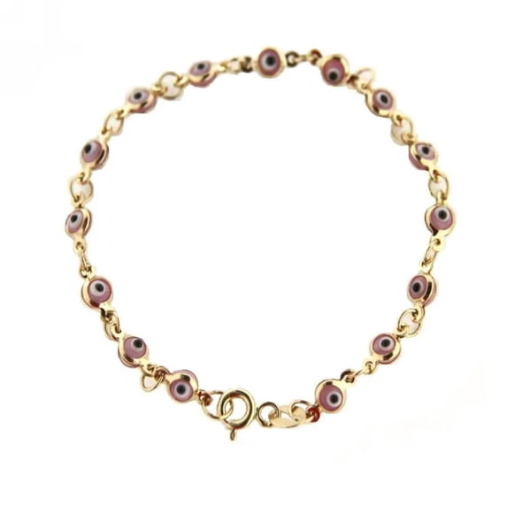 18Kt Solid Yellow Gold Pink Evil Eye Bracelet 6 inches