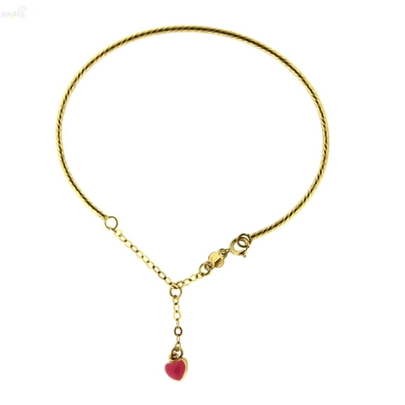 18Kt  Yellow Gold Bangle with Pink Hanging Heart