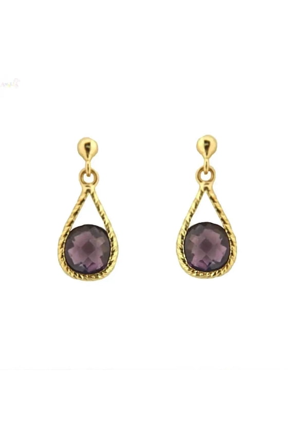 18Kt Yellow Gold Round Faceted Amethyst Drop Dangle Post Earrings (16mm X 6mm) 0.60 inch