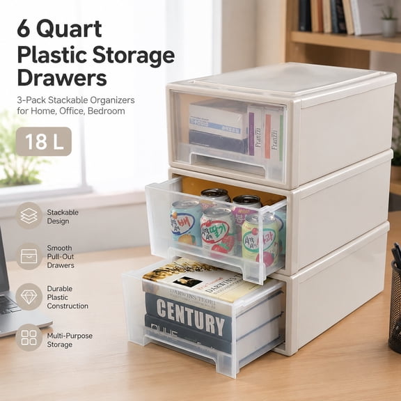 18L Plastic Storage Drawer Unit, Stacking Desktop Organizer Boxes, 3 Pack, Clear Plastic Multi-Functional Storage Drawers for Office and Home