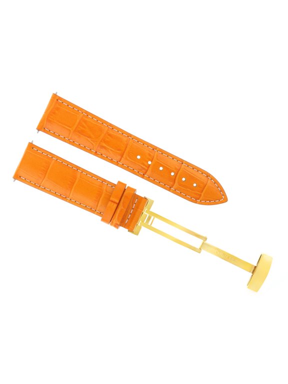 18mm Leather Watch Band Strap, Orange with White Stitching, Gold Buckle, Compatible With Gold Deployment Clasp Baume Mercier Capeland