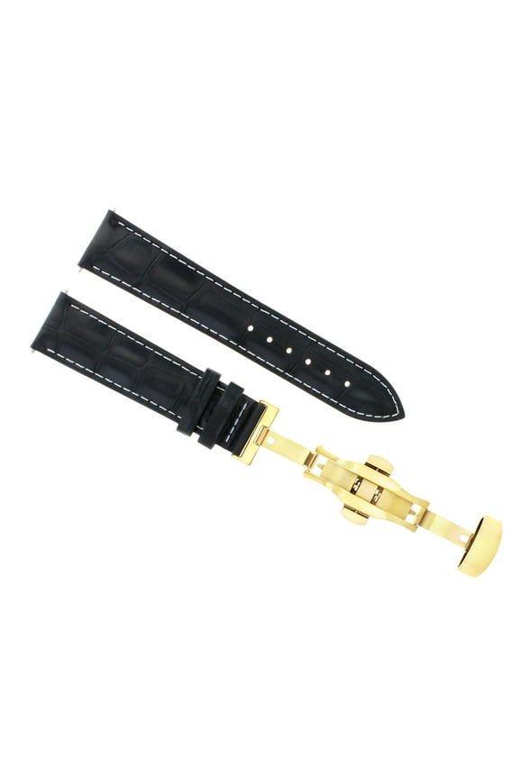 18MM LEATHER WATCH BAND STRAP DEPLOYMENT CLASP FOR LONGINES WATCH BLACK WS GOLD