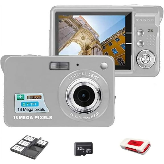 18MP Megapixel Digital Camera Kit with 2.7" LCD Screen, Rechargeable Battery, 32GB SD Card, Card Holder, Card Reader, HD Photo & Video for Indoor, Outdoor Photography for Adults, Kids (Silver)