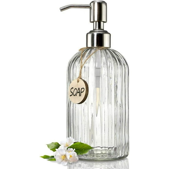 18Oz Glass Soap Dispenser with Golden Pump for Kitchen,Refillable Liquid Hand soap Dispenser with Vertical Stripe, Clear Soap Dispenser Bathroom for Hand soap, Dish Soap, Lotion