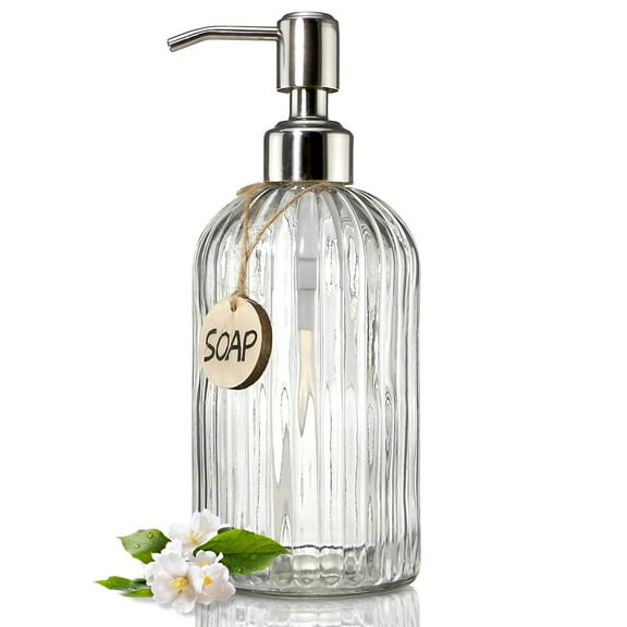 18 Oz Clear Glass Soap Dispenser with Rust Proof Stainless Steel Pump, Refillable Liquid Hand soap Dispenser for Bathroom, Premium Kitchen Soap Dispenser (Clear).