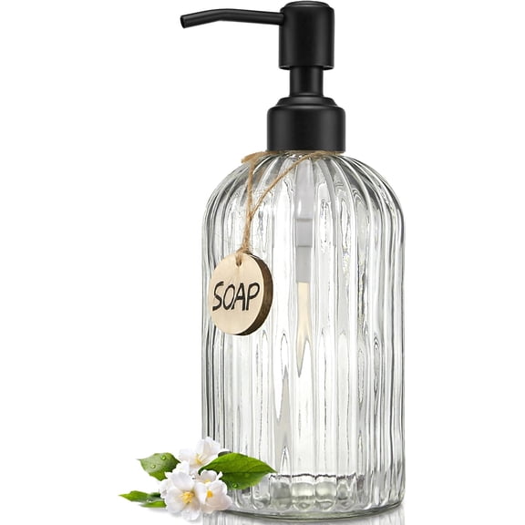 18Oz Simple Glass Soap Dispenser with Black Rust Proof Pump,Refillable Kitchen soap Dispenser with Vertical Stripe, Bathroom Soap Dispenser for Dispense Hand soap, Dish Soap, Lotion.