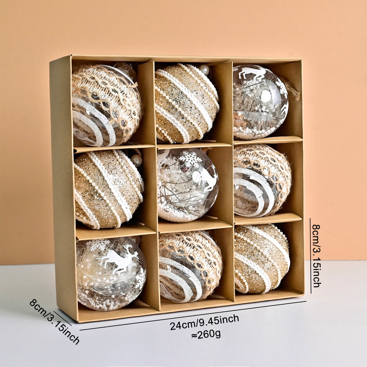 Succulentlovers 6pc Rustic Boho Christmas Ball Ornaments - 3.54" Clear Linen Style, Shatterproof - View #5